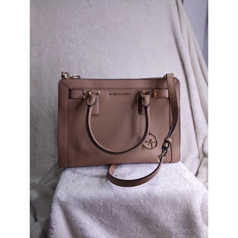 Michael Kors Dillon Saffiano Leather Satchel Crossbody Bag Tan Gold Hardware